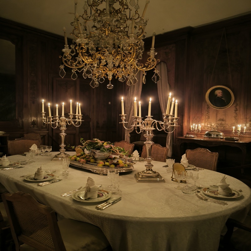 alt="Salle à manger avec table dressée et éclairée aux chandelles pendant la nuit des châteaux"
