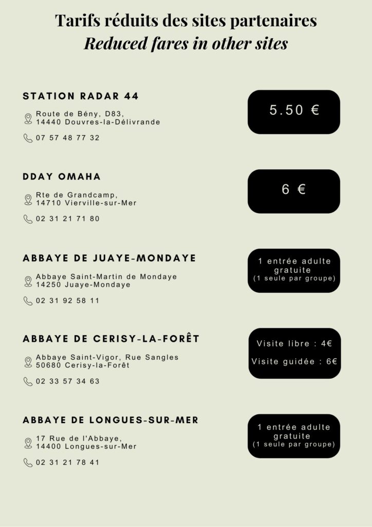 alt="Tableau récapitulant les réductions accordées dans les sites partenaires du Château"