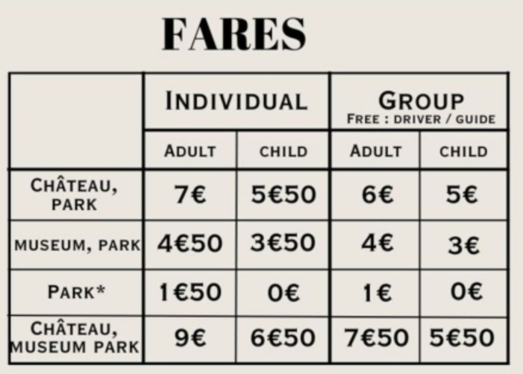alt="Tableau des tarifs en anglais pour les visites du Château de Balleroy, incluant adultes, enfants et groupes"