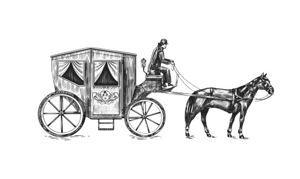 alt="Dessin d'une calèche tirée par un cheval"