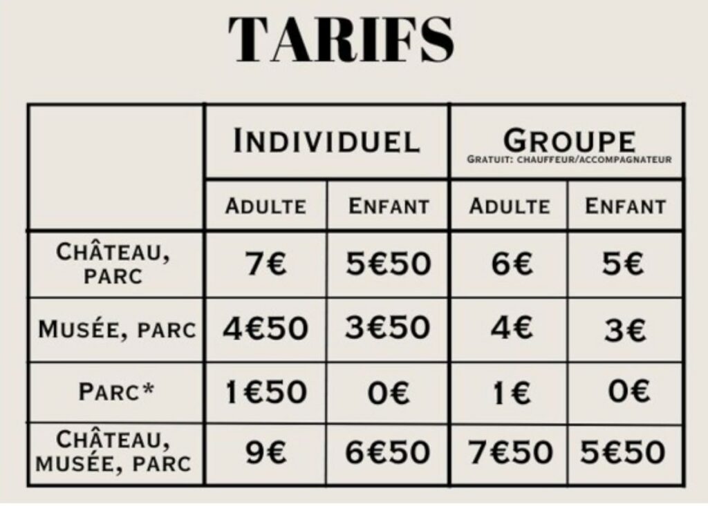 alt="Tableau des tarifs en français pour les visites du Château de Balleroy, incluant adultes, enfants et groupes"